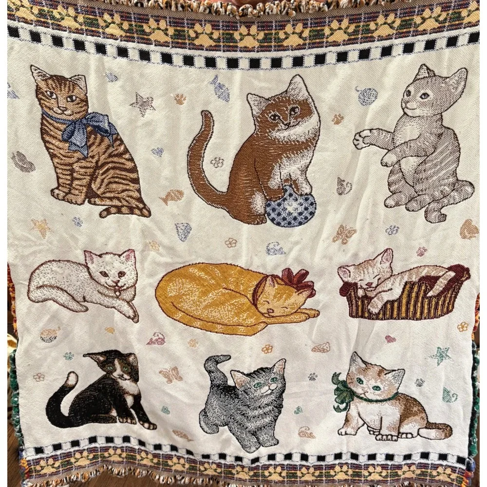 Kitty Corner Woven Tapestry Throw Blanket OS Multi Kitten Cat Art *Flawed*